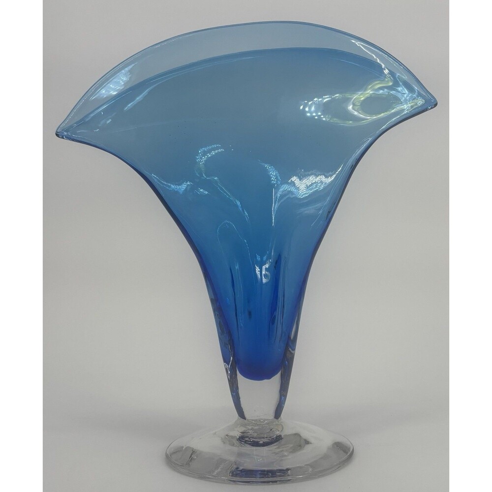 Vintage Blenko Blue & Clear Base Art Fan Glass Vase Hand Blown #872